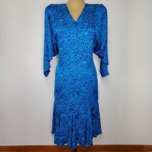 Silk Studio Size 10 Dress Vintage 80s Shoulder Pads Batwing Mermaid Blue Purple